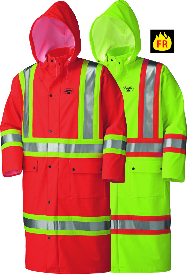 PIONEER PROTECTIVE - FLAME RESISTANT FR PU STRETCH HI-VIS SAFETY LONG RAIN COAT